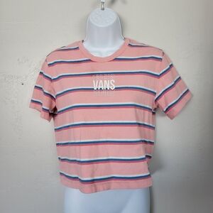 Vans Small Pink Blue White Striped Short Sleeve Crop Top Shirt Skater Cropped T